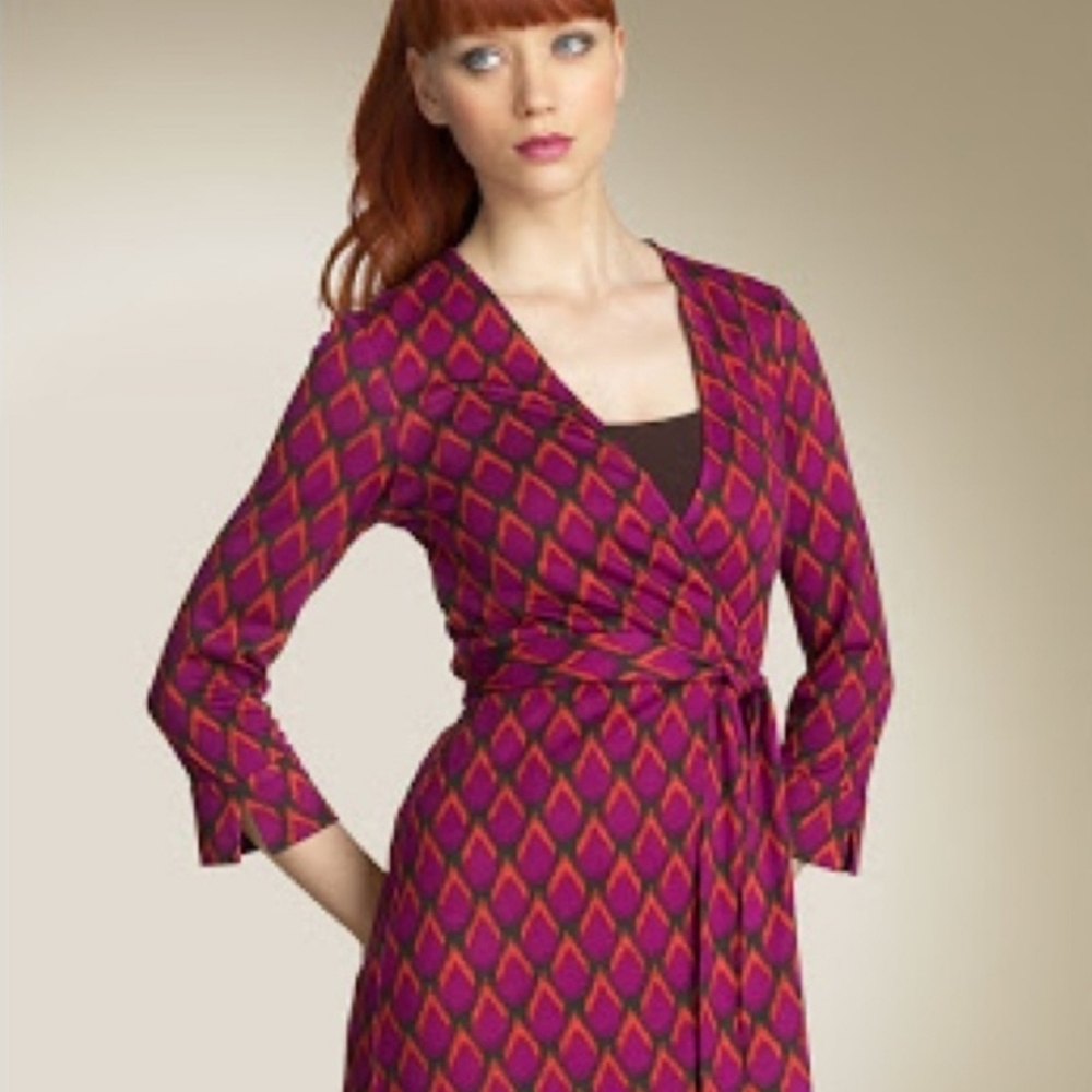 Diane Von Furstenberg Julian Silk Jersey WRAP DRESS Ikat Purple Orange size 8